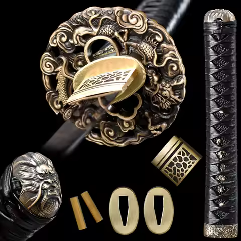 A Set Katana Tsuka Brass Dragon Tsuba Guard Kashira Menuki Fuchi Habaki Seppa For Real Steel Japanes