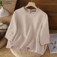 Kiểu cổ điển cho nữ ZANZEA Bohemian cổ tròn xù cạnh áo cánh 3/4 Tay áo Áo Trơn Áo Thun #0714