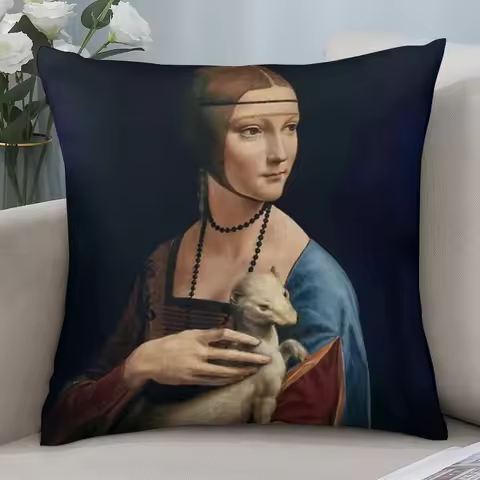 1pc Lady with an Ermine Art Pillow Cover, Polyester 2D Double-Sided Print Cushion Case, Da Vinci Fam