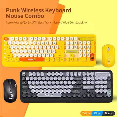 K68 Keyboard & Mouse Combo 2.4GHz Wireless Cute Retro Round Keycap Keyboard Mouse Set Punk Keyboard 