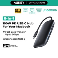 AUKEY CB-C71 8-in-1 Type C Hub with Ethernet Port 4K HDMI 3 USB 3.0 Ports 100W USB C Power Delivery