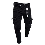 【CW】Men Slim Biker Ripped Long Denim Trousers Skinny Jeans pocket Young Man Jogging Pants ​Destroyed Stretchy-Black Pants