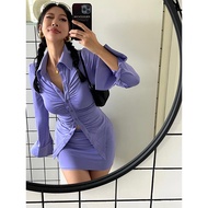 A BEAN abg Hot Girl Taro Color Pleated Slim-fit Stretch Shirt+Hip Skirt Two-Piece Suit