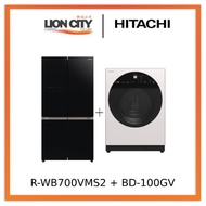 Hitachi R-WB700VMS2-GBK 645L French Bottom Freezer Deluxe 4-Door Refrigerator + Hitachi BD-100GV Front Loading - Washer