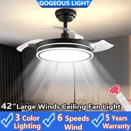 GOGEOUS Ceiling Fan With Light 42-inch Invisible Fan Light Strong Winds DC Motor Fan With Light Kipas Lampu Siling