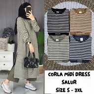 Baju Jumbo Gamis Wanita Lengan Panjang Corla Midi Dress Salur Muslim 