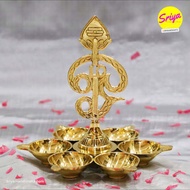 Brass Diya - 6 Face Om Muruga with Vel | 7-inch Height 6.5-Inch Length | Pure Brass Oil Lamp for Puj