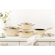 TEFAL BLOSSOM Induction Saucepan &amp; Stew Pot (18cm, 20cm, 24cm) with Glass Lid Dishwasher Oven Safe No PFOA Beige