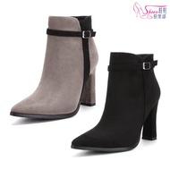 Versatile Suede Pointed Toe High Heel Chelsea Boots Short Gray/Black 023-FSW319 Shoes Club Hall 2