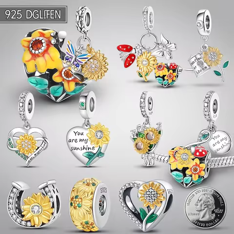 925 Sterling Silver Fashion Golden Sunflowers Heart Charms Beads Fit Qikaola 925 Original Bracelets 