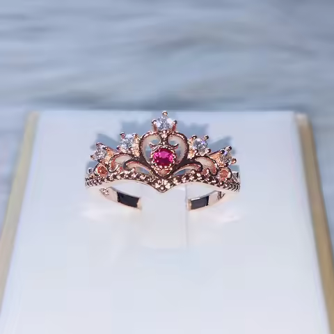 ZHOUYANG Rings For Women Luxury Hollow Out Princess Crown Blue Purple Red Zircon Rose Gold Color Fas