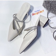 Giày cao gót bít mũi gót vuông 5p cao cấp phối dây chéo đính đá cao cấp big size 41 42 43 Depvashock