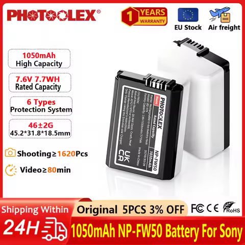 PHOTOOLEX 1050mAh NP-FW50 NP FW50 Battery With Charging Case For Sony A6000 A6400 A6300 A6500 A7 A7I
