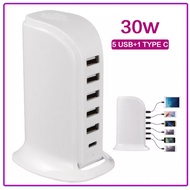 Multi 6 Port Tpye C USB Charger 30W USB Smart Fast Charging Station USB C Charger for iPhone Android