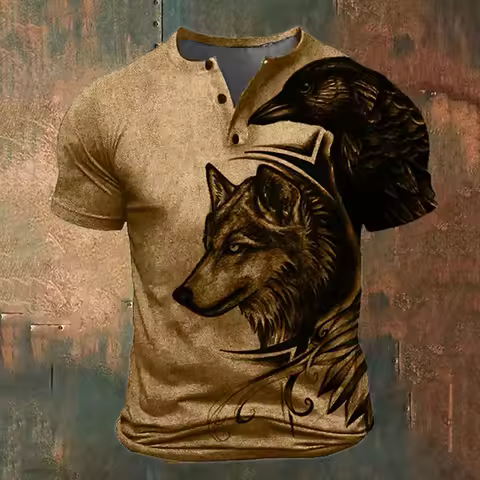 Summer Henley Shirts Wolf 3D Print Streetwear Men's Fashion Vintage Button-Down Short Sleeve T Shirt