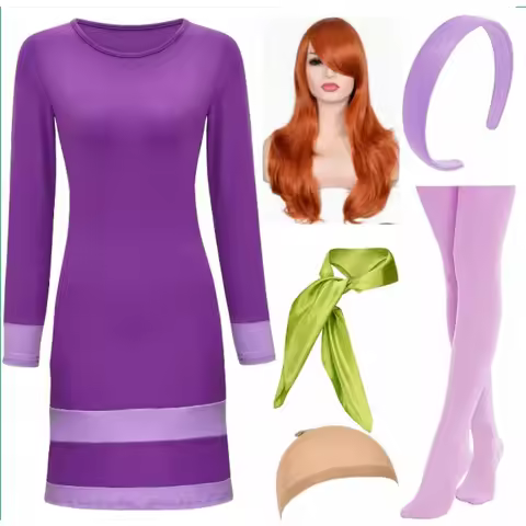 Velma Costume for Adult Women,Halloween Daphne Costume,Purple Sleeve Dress with Scarf Headband Socks