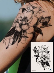 1張黑色盛開的蓮花和蝴蝶紋身貼紙,適用於手臂、胸部、腹部、背部,持續3-5天