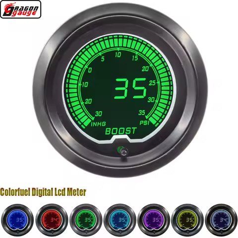 Dragon 52mm 7 Color Backlight Car Digital Auto Turbo Boost -30In.Hg-35PSI Meter With Sensor Turbin P