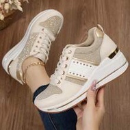 รองเท้าผ้าใบส้นเตารีดแบบลำลองสำหรับผู้หญิง Preppy Casual Glitter Outdoor Wedge Sneakers,Trainers Wom