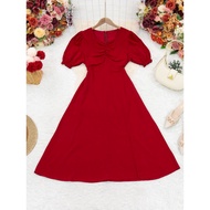 Red Dress Cuffed Sleeves Square Neck Set Length=44