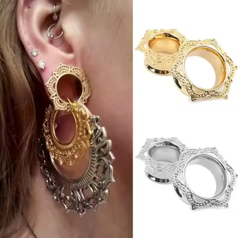 2pc Copper Silvery Golden Plated Ear Flesh Tunnel Plug Lotus Flower Shape 2g (6mm) - 5/8''(16mm) Sad