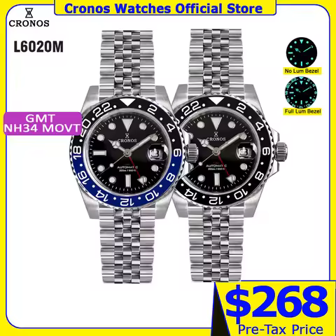 Cronos GMT NH34 Automatic Men WatchBidirectional Bezel Sapphire 20 ATM Solid, 5 Links Metal Bracelet