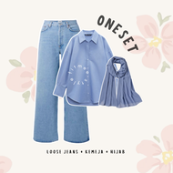 Luna Outfit Set 3in1 Remaja Simple Basic ( Bawahan Celana Loose Jeans Denim + Atasan Kemeja Wanita K