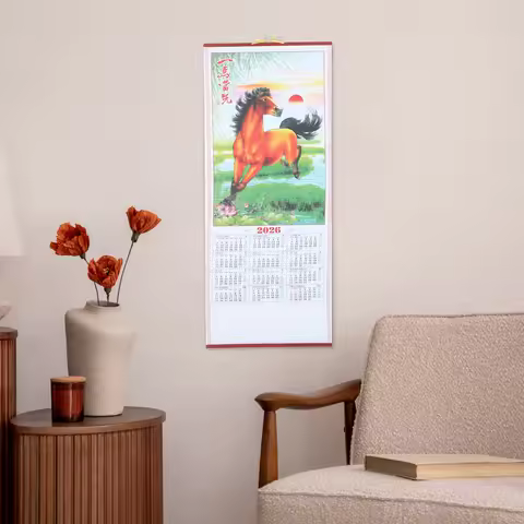 2026 Horse Year Faux Rattan Hanging Lunar Year Scroll Calendar Traditional Chinese Wall Flip Calenda