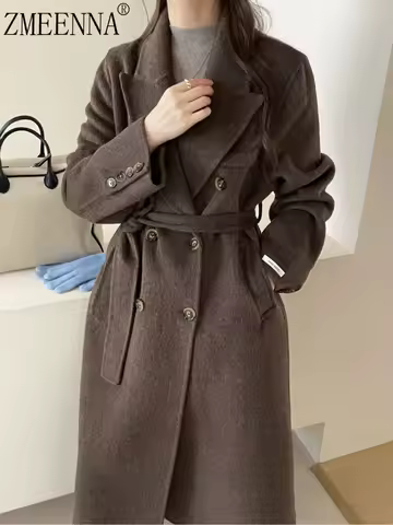 ZMEENNA Womens Elegant Wool Blend Long Coat With Double Breasted Button Closure Wide Lapels Waist Be