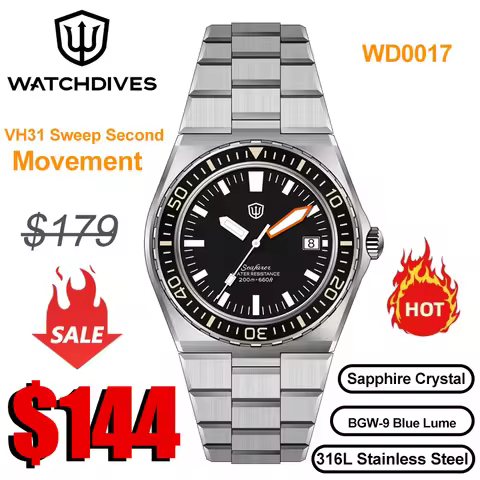 Watchdives WD0017 Watch VH31 Sweep Second Movement Stainless Steel Sapphire Crystal Business Wristwa