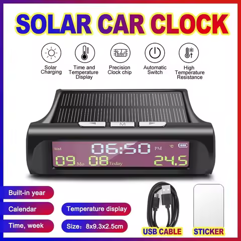 Solar Car Digital Clock Calendar Time Temperature Monitoring Alarm Smart USB Charge LED Display Auto