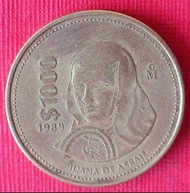 922大型墨西哥1989年胡安娜修女1000披索銅幣乙枚。31mm.。（保真。稀少。美品）。