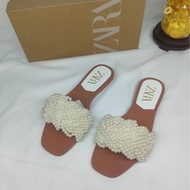 For のZARAˉzaraˉの ZA New Summer Square Toe Flat Sandals With Pearl Woven Flat Sandals For Women To W