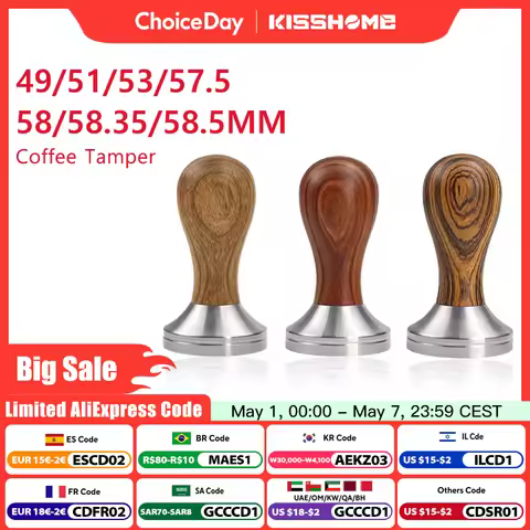 Coffee Tamper 41mm 49mm 51mm 53mm 57.5mm 58.35mm Wooden Handle Stainless Steel Delonghi Breville Bar