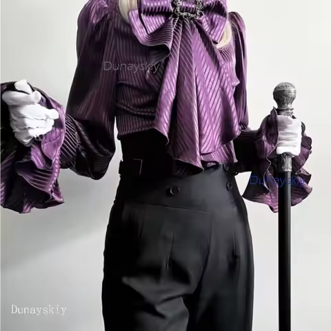 Ouji Jirai Kei Lolita Prince Style Shirt Shorts Vintage Long Sleeve Flared Stand Collar French Top S