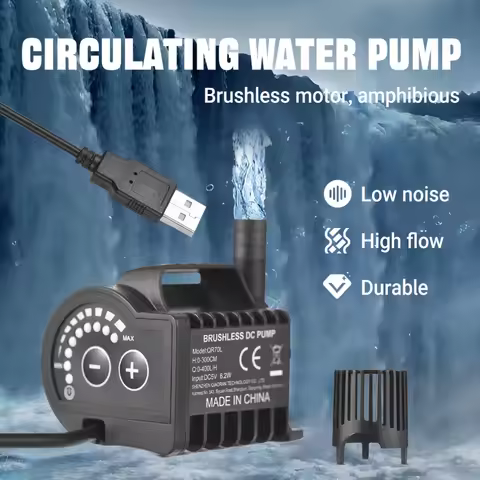 5V Submersible Water Pump 0-400L/H with 8 Level Adjustable Flow & 0-7.2ft Lift USB Powered Suction C