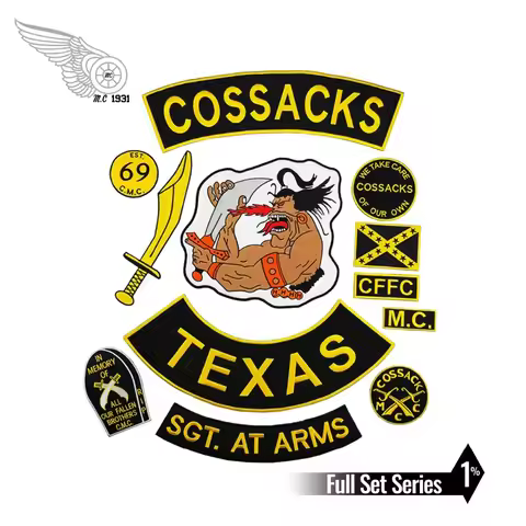 12pcs/ A SET COSSACKS TEXAS MC Embroidered Iron-On Sew On Biker Rider Patch Full Back Size Jacket Ve