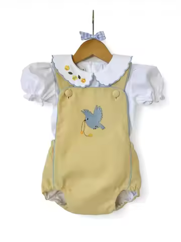 0-6Y Baby Girl Summer Flower Bird Embroidery Yellow white Outfit Suit for Birthday Holiday Photograp