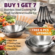 {BUY1 TAKE6} Connox Double Ear and Wood Handle Stainless Steel Wok Pan Caliber Multipurpose Chef Pan