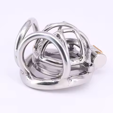Stainless Steel Male Chastity Cage with Anti-off Ring Short Metal Cockring Curved Testicle Bondage G