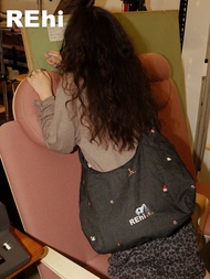 กระเป๋าสะพายข้างผ้าเดนิมลายปักลายปาร์ตี้ในป่า REhi ความจุขนาดใหญ่ กระเป๋าสะพายไหล่ข้างเดียวสำหรับผู้