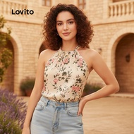 Lovito Women's Boho Drawstring Tie Back Resort Style Spring/Summer Top L137ED657 Baju Wanita Boho Ta