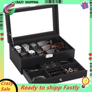 Watch Box, Mens Jewelry Box with 6 Slot Watch Case & 3 Slot Sunglasses Organizer, 2 Layers Lockable 