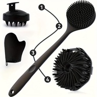 4pcs Silicone Body Brush Set - Includes 1 Long Handle Back Scrubber, 1 Short Bath Brush, 1 Shampoo B