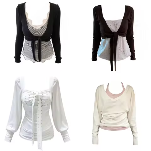 Korean Elegant Sweet Y2K 2000s Retro Lace Patchwork Two Piece Outfit Women Slim Fit Long Sleeve Pull