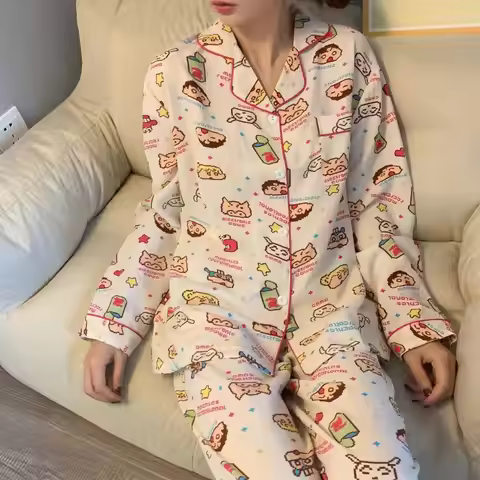 Kawaii women's long-sleeve pajamas Long Sleeve Top & Elastic Waist Pants Sleepwear wear outsides