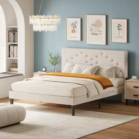 JHK Queen Full Size Bed Frame with Upholstered Headboard Fabric Platform Bed Frame with Wood Slats S