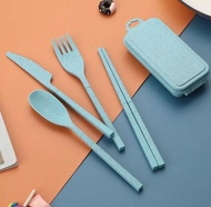 Sendok Lipat Travel / Sendok Garpu Sumpit Lipat / Sendok Jerami Set 4 in 1 / Set Peralatan Makan Tra