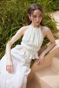 สินค้าขึ้นหมดสต็อกทักแอดมินได้เลยค่ะ Peony Set - เซ็ตชีฟองริบบิ้นผูกคอ กระโปรงเลเยอร์ดีเทลรูดที่เอว 