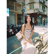 YOZO STUDIO French Vintage Wood Grain Edge สายคล้อง เดรส ผู้หญิง พรางหุ่น ดีไซน์ ยาว เดรส เรียบหรู ส